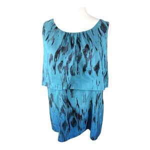 CAbi Silk Blue Black Print Sleeveless Layered Blouse Large